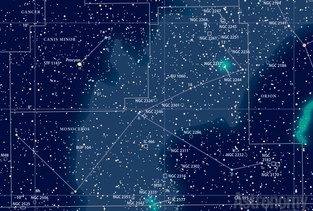 See the Beehive Cluster, open cluster M50, and the Rosette Nebula